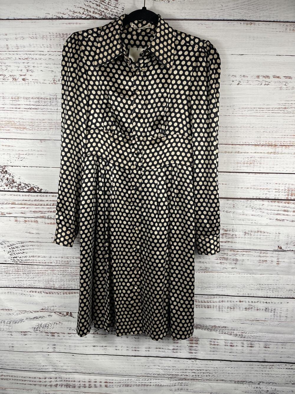 Nanette Lepore Dress Women's 2 Black Polka Dot Silk Shirt Fit Flare Knee Length
